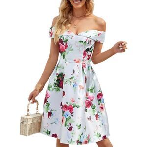 NEW Floral Dress Off Shoulder A Line 1950s Retro Vintage M